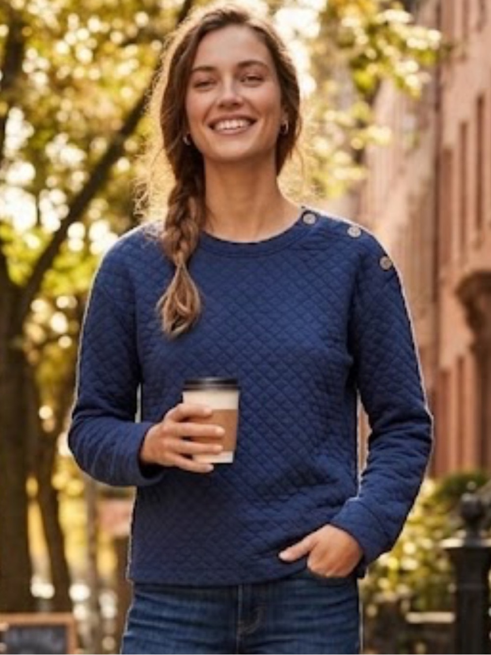 J. Crew Quilted Navy Crewneck Sweater with Shoulder Buttons